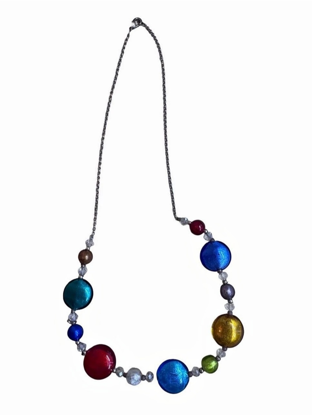 Multicolor Foil Glass Bead Necklace 22" Art Glass Disc Beads Silver Tone Chain